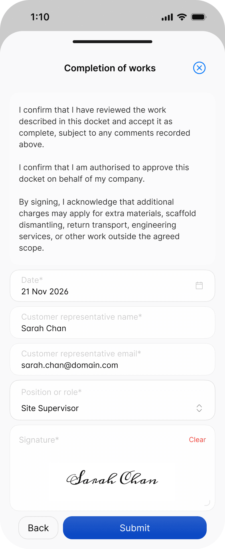 The Completion of works screen on a day docket in the Scafflinq app, where the customer representative enters their details and signs before submitting