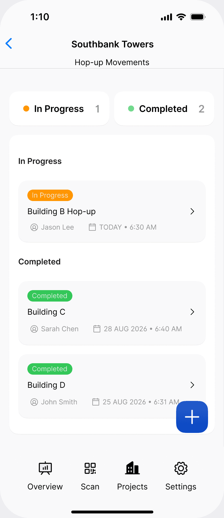 The Hop-up Movements list on a project in the Scafflinq app, with records in progress and completed, and the + button to start a new one