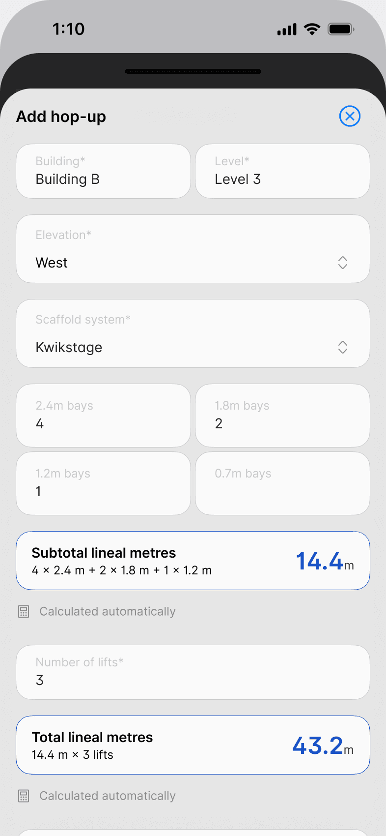 Adding a hop-up in the Scafflinq app, with bay quantities for Kwikstage, the subtotal lineal metres, the number of lifts and the total lineal metres calculated