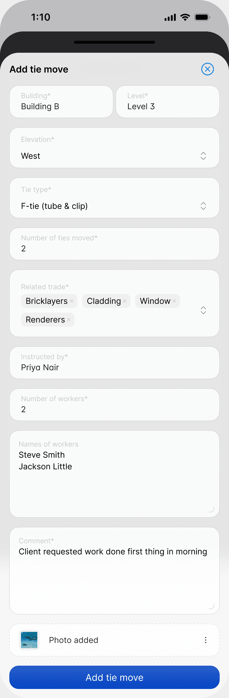 Adding a tie move in the Scafflinq app, with the building, level, elevation, tie type, number of ties moved, related trades and workers