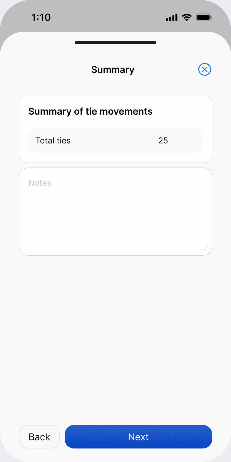 The tie movements summary in the Scafflinq app, showing the total ties and a notes field