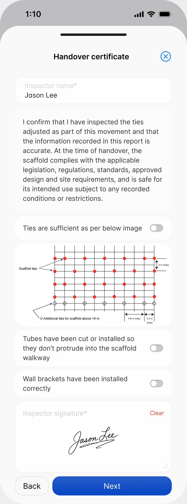 The tie movement handover certificate in the Scafflinq app, with the checks, the tie layout diagram and the inspector's signature