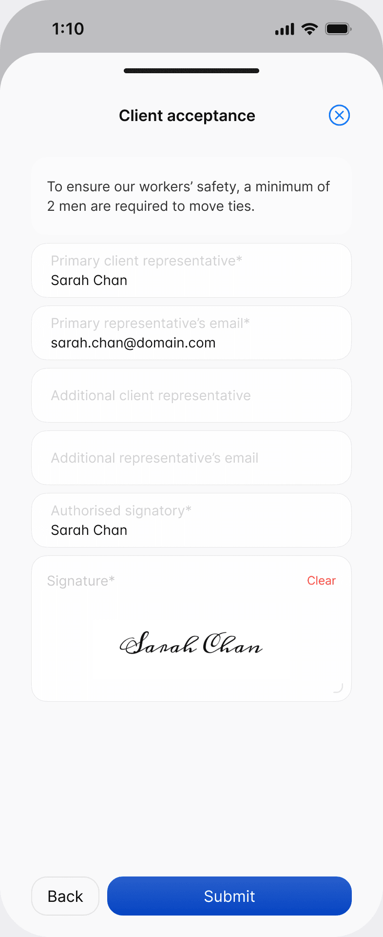 The Client acceptance screen for a tie movement in the Scafflinq app, signed by the client's representative