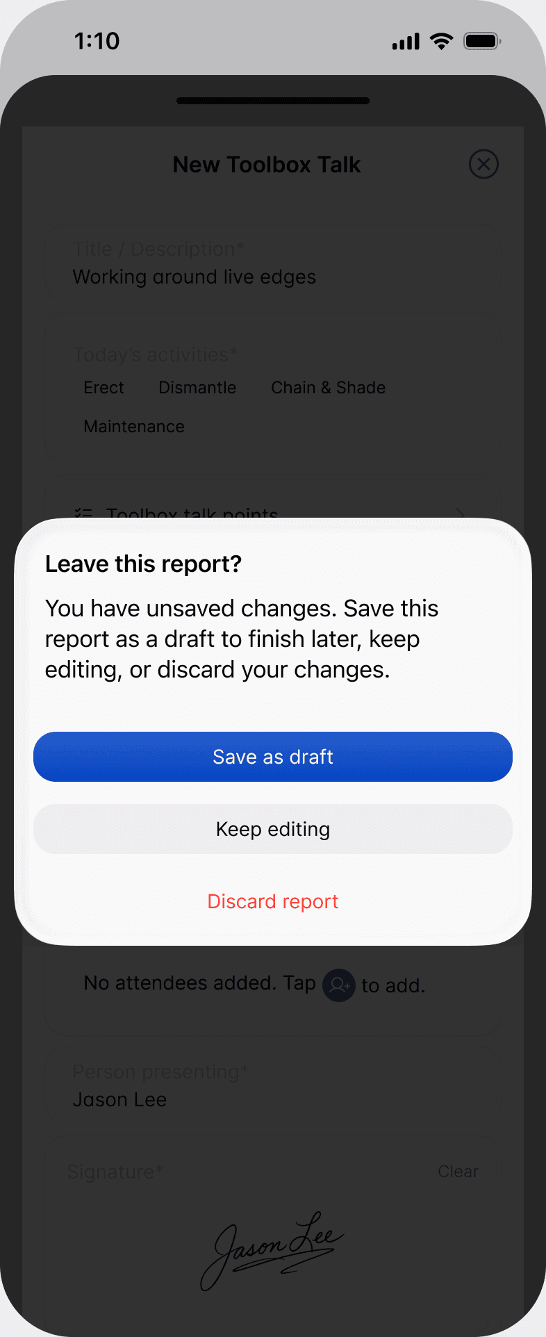 The Leave this report? prompt in the Scafflinq app, with Save as draft, Keep editing and Discard report