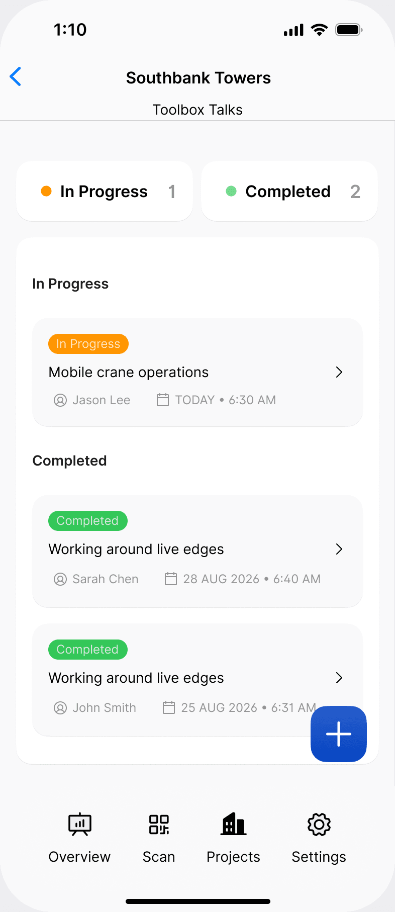 The Toolbox Talks list on a project in the Scafflinq app, with talks in progress and completed, and the + button to start a new one