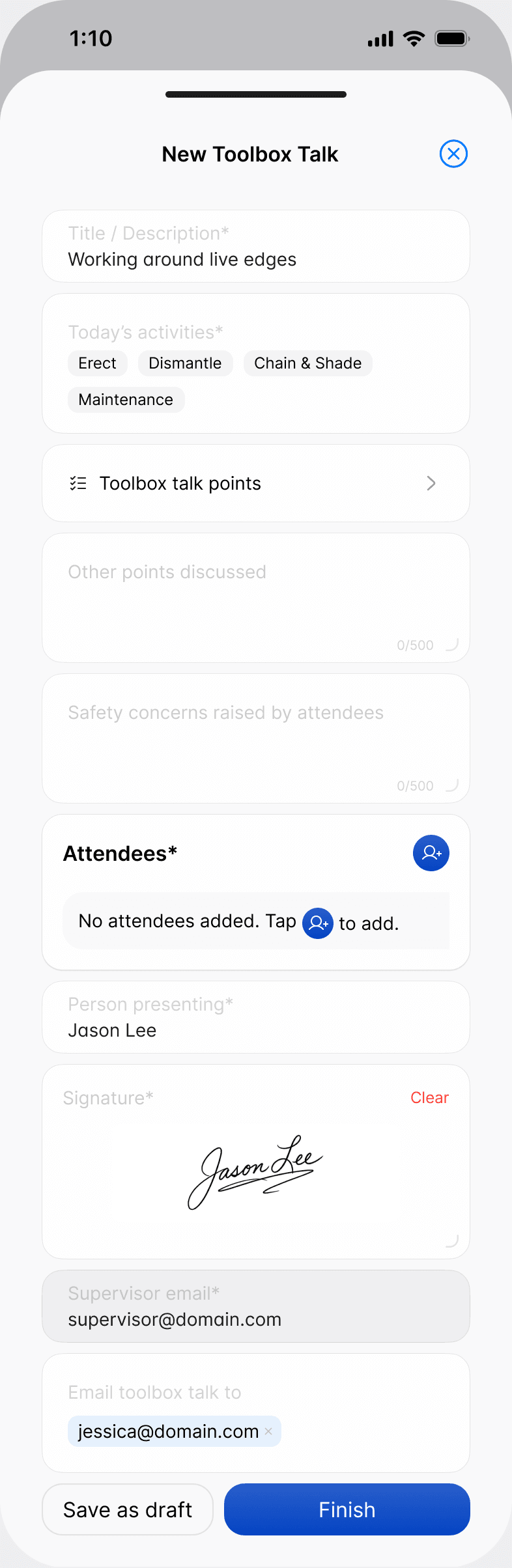 A new toolbox talk in the Scafflinq app, with the title, today's activities, toolbox talk points, attendees, presenter, signature and email fields