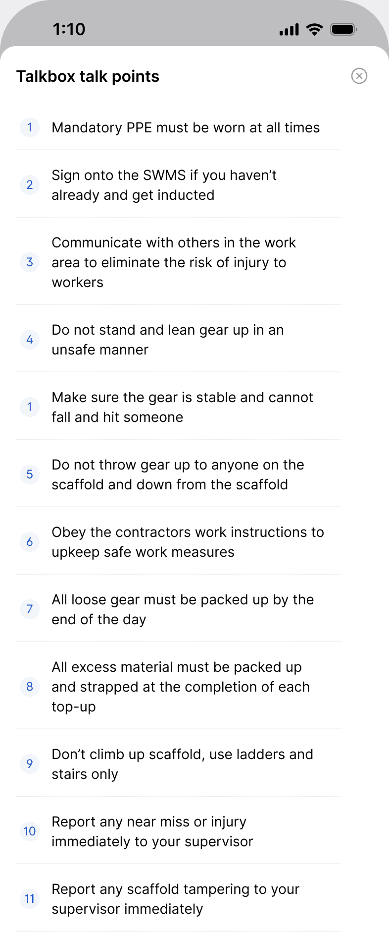 The list of toolbox talk points in the Scafflinq app