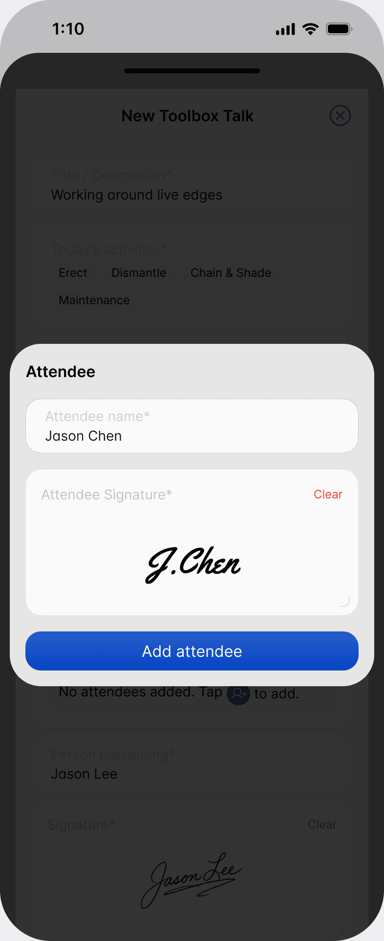 The Attendee sheet in the Scafflinq app, with the attendee's name, their signature and the Add attendee button