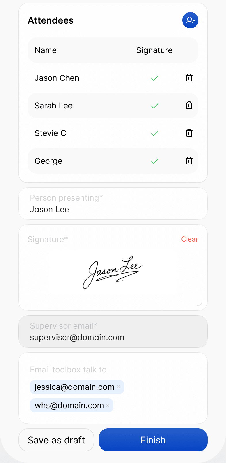 A completed toolbox talk in the Scafflinq app, with every attendee signed, the presenter's signature, the supervisor email, extra recipients and the Finish button
