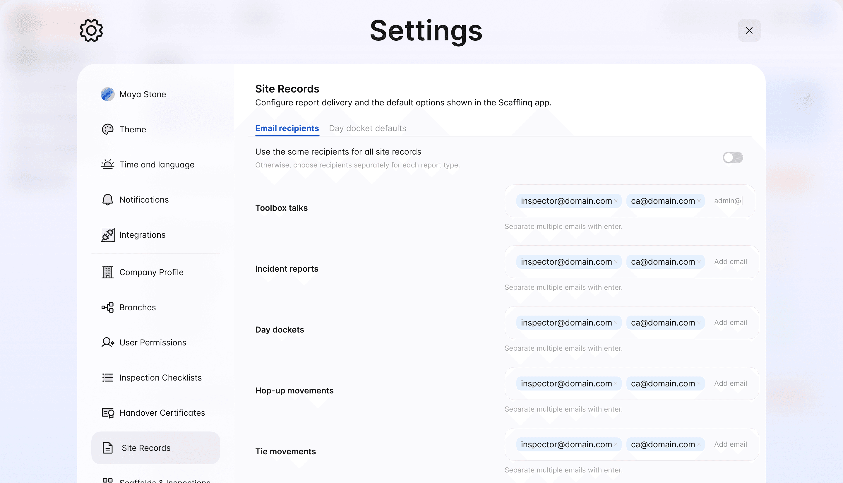 The Email recipients tab under Settings, Site Records in the Scafflinq web portal, with separate recipients for toolbox talks, incident reports, day dockets, hop-up movements and tie movements