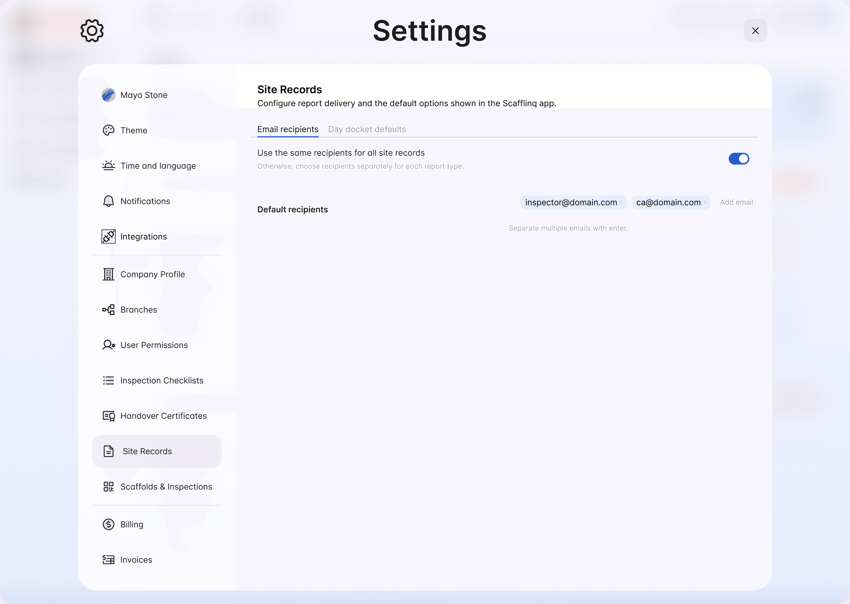 The Email recipients tab with Use the same recipients for all site records turned on and a single Default recipients list