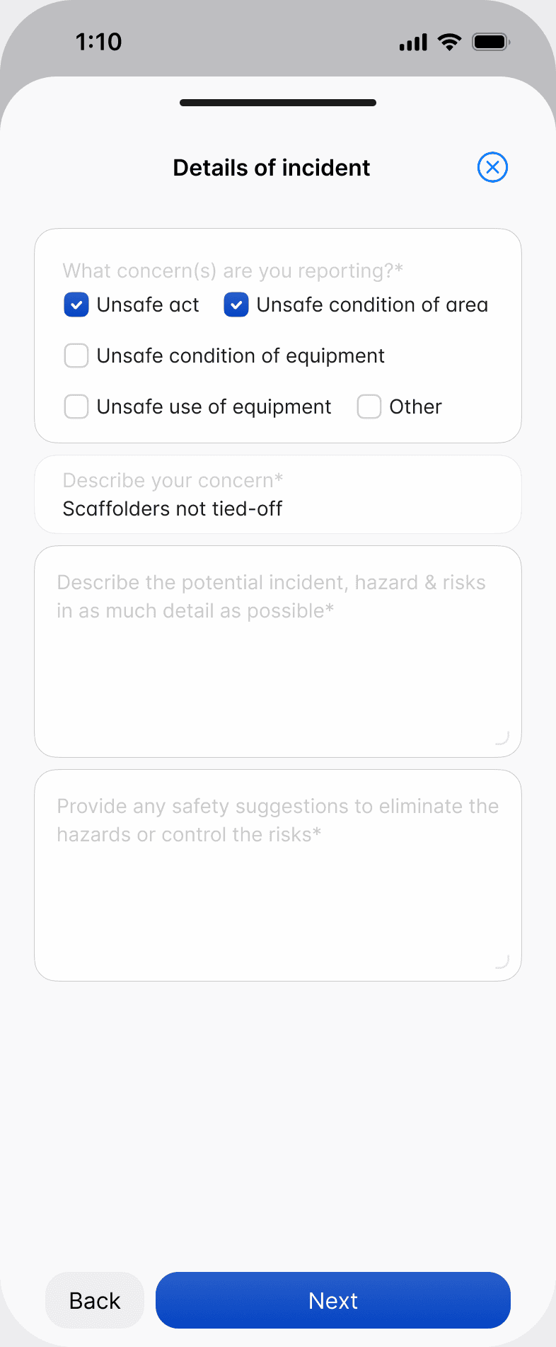 The Details of incident screen in the Scafflinq app, with the concern types, a description, what happened and a safety suggestion