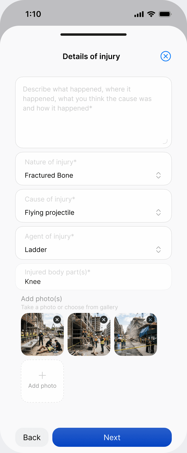 The Details of injury screen in the Scafflinq app, with the nature, cause and agent of the injury, the body part, and photos