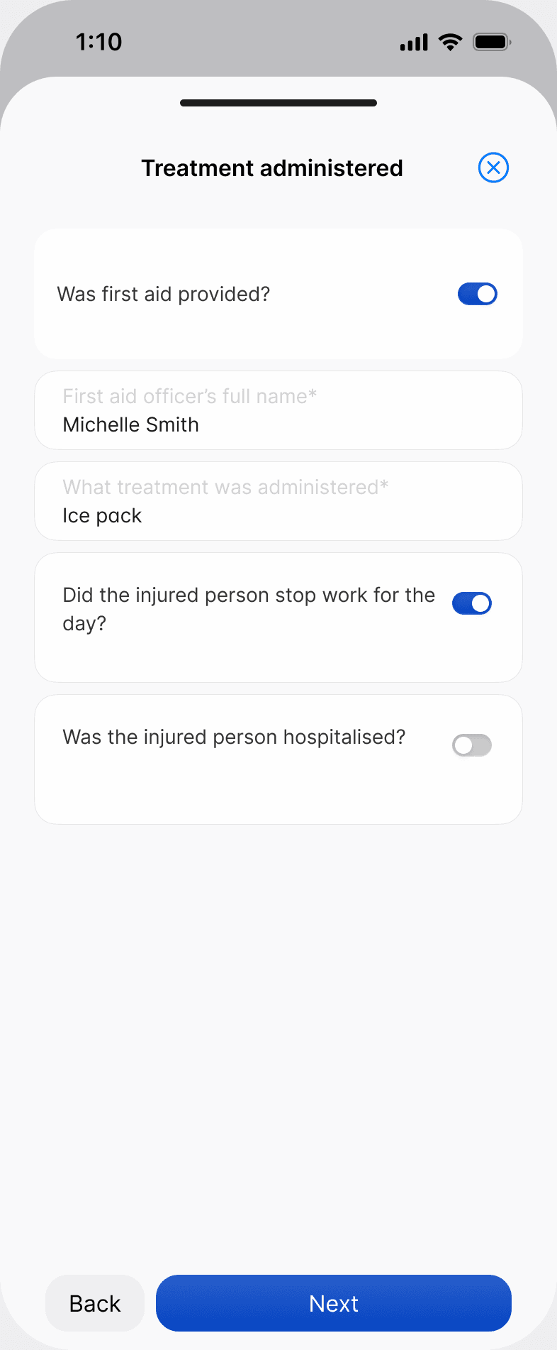 The Treatment administered screen in the Scafflinq app, recording first aid, who gave it, and whether the person stopped work or was hospitalised