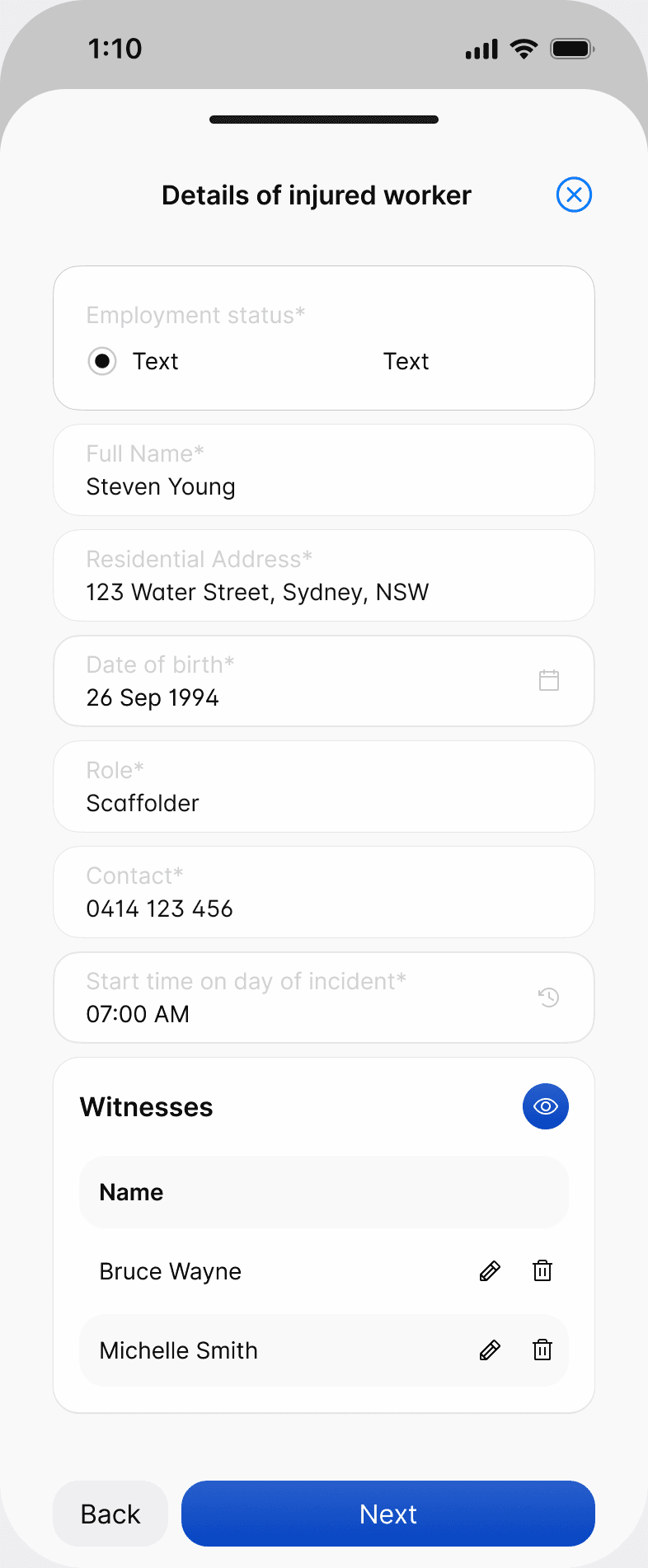 The Details of injured worker screen in the Scafflinq app, with the worker's details and two witnesses added