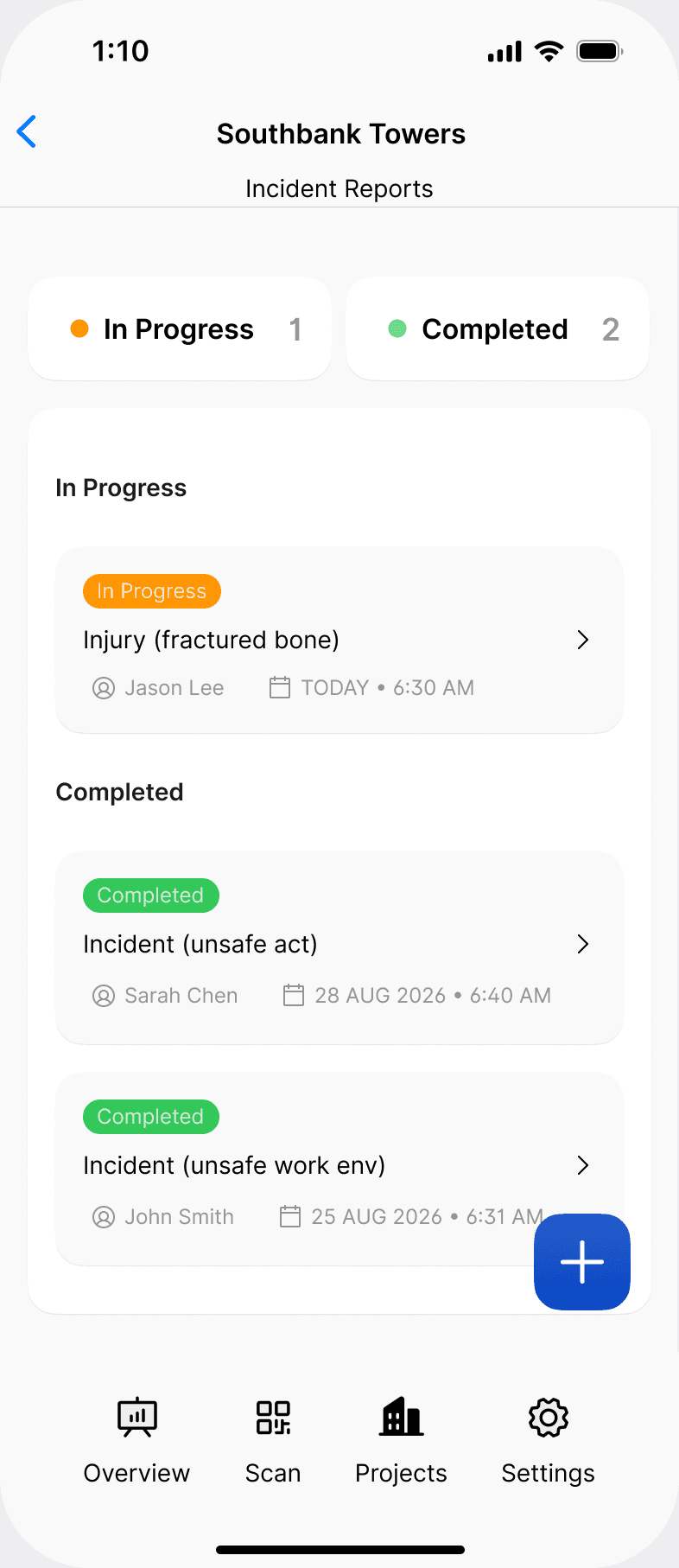 The Incident Reports list on a project in the Scafflinq app, with reports in progress and completed, and the + button to start a new one