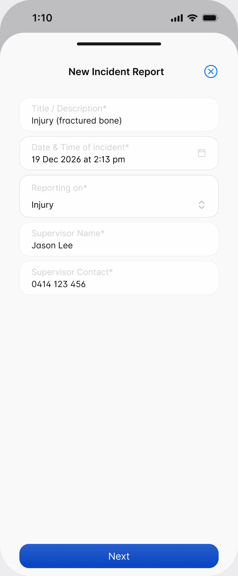 A new incident report in the Scafflinq app, with the title, date and time of the incident, Reporting on set to Injury, and the supervisor's name and contact