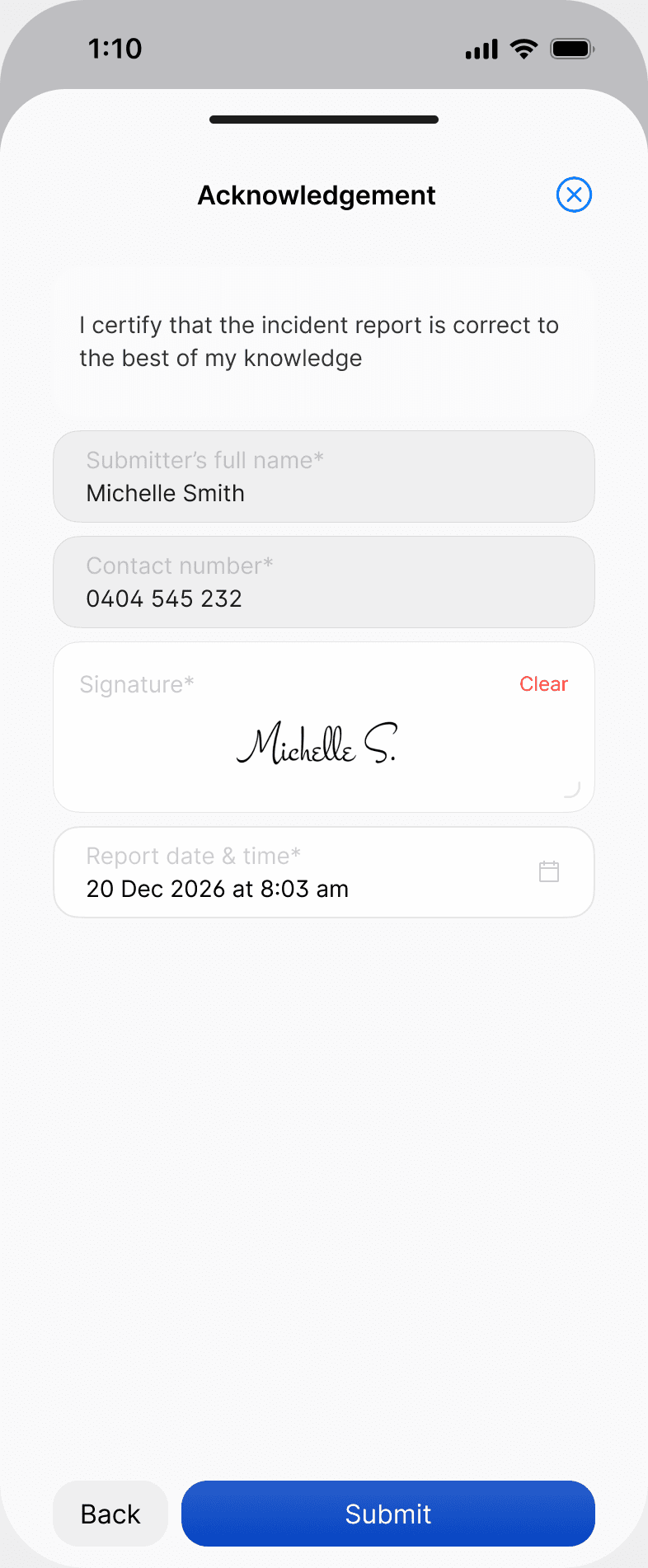 The Acknowledgement screen of an incident report in the Scafflinq app, with the certification, the submitter's name and contact number, signature, report date and time, and the Submit button
