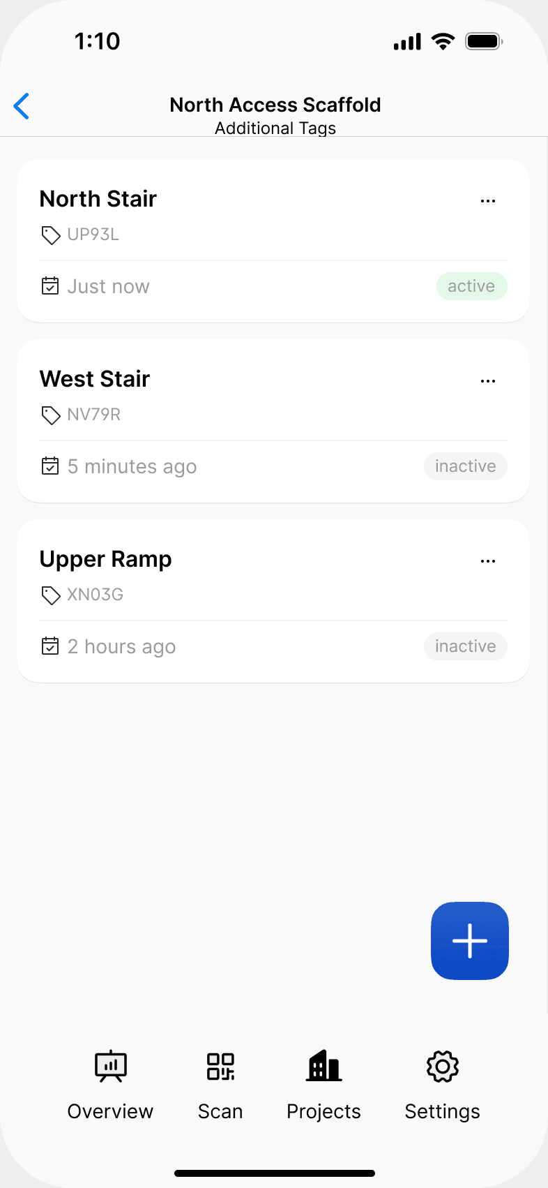 The Additional Tags list for a scaffold in the Scafflinq app, showing North Stair, West Stair and Upper Ramp with their tag IDs and status