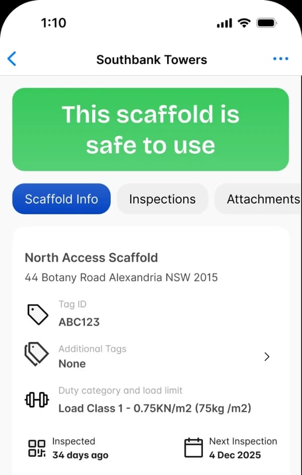 A scaffold's Scaffold Info tab in the Scafflinq app, with the Additional Tags row below the Tag ID