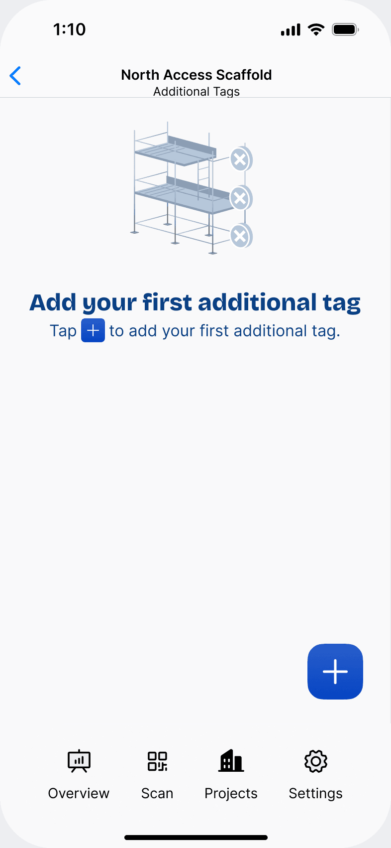 The Additional Tags screen in the Scafflinq app with no tags yet, and the + button to add the first one