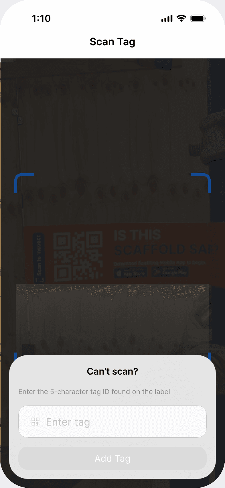 The Can't scan? sheet in the Scafflinq app, for entering the 5-character tag ID by hand