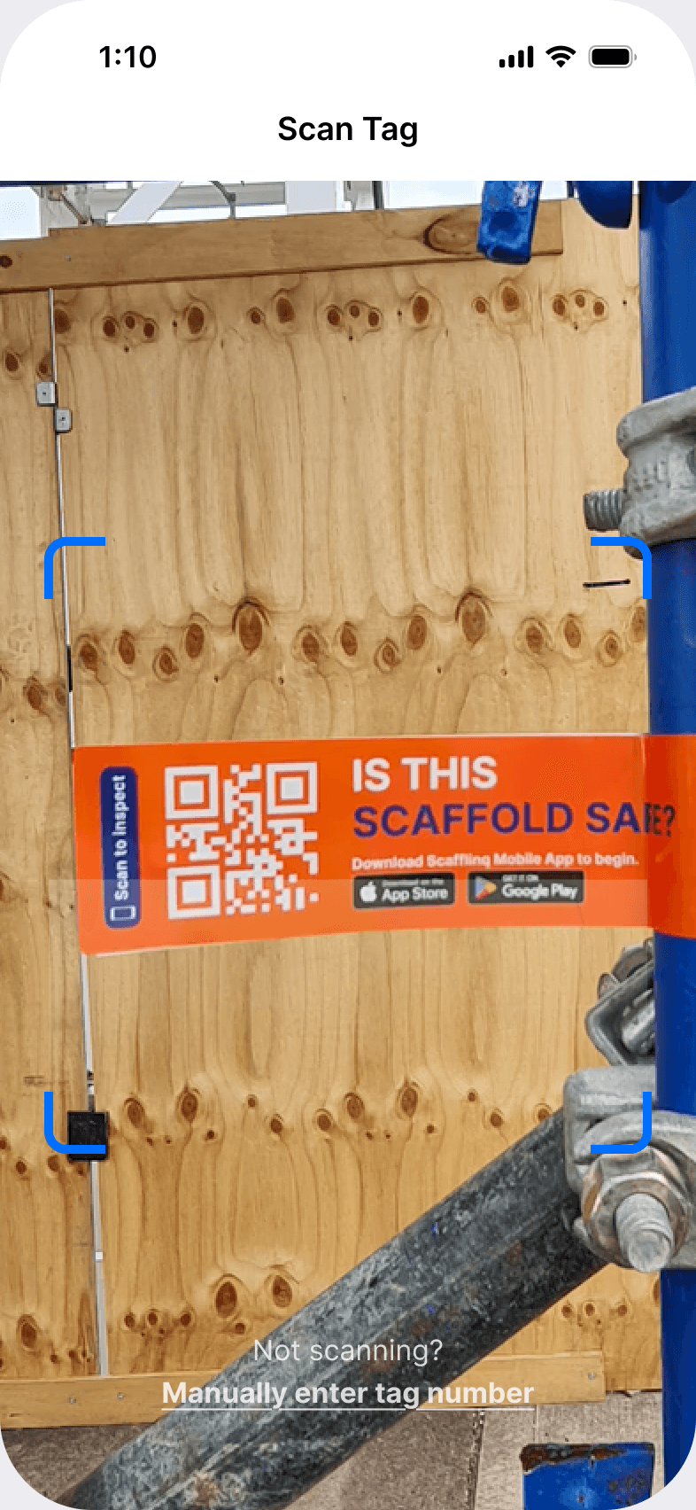 Scanning a new Scafflinq tag with the camera in the Scafflinq app