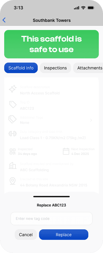 The scaffold ••• menu open with the Replace Tag option in the mobile app