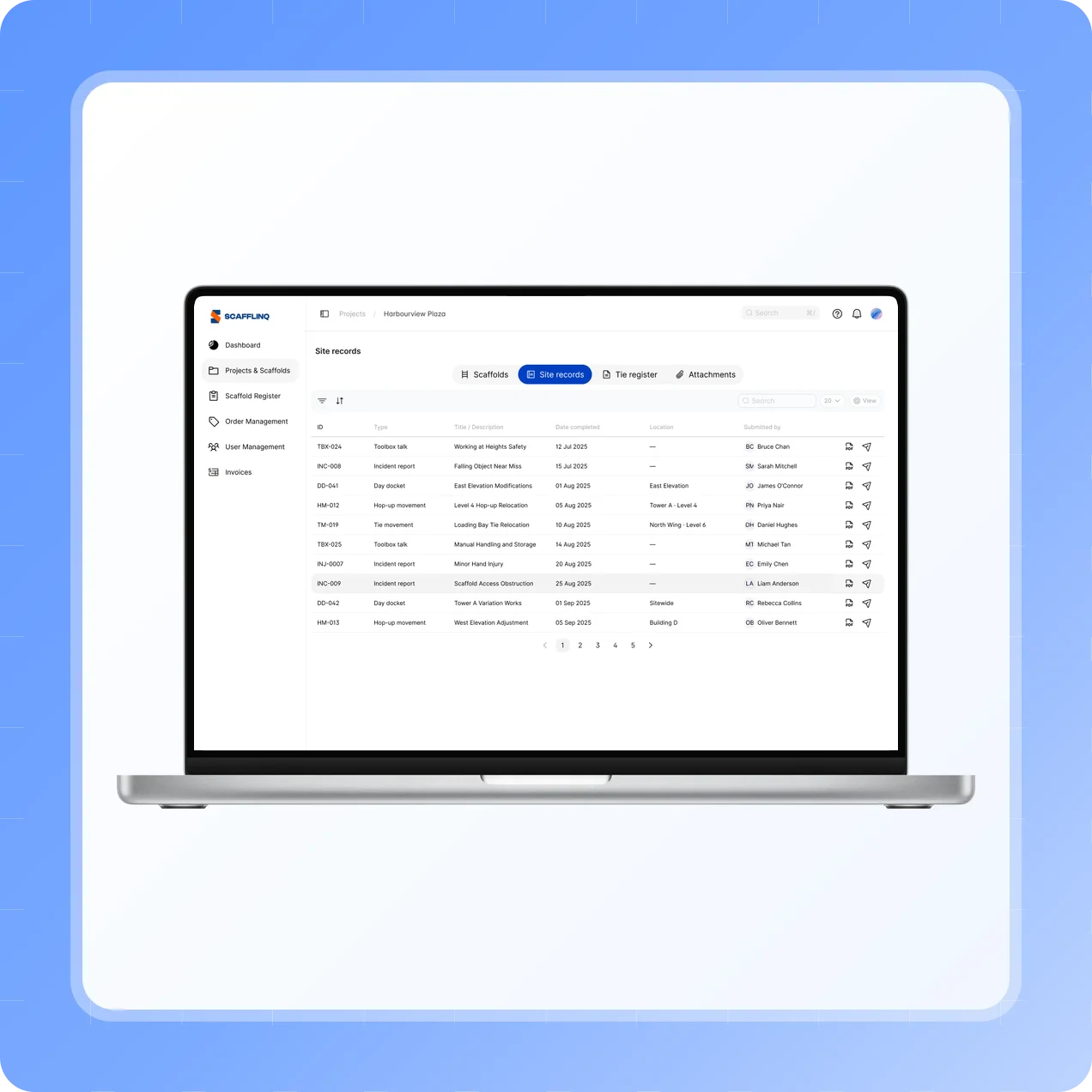 A project’s Site records tab in the Scafflinq web portal, listing hop-up and tie movements with the other site records