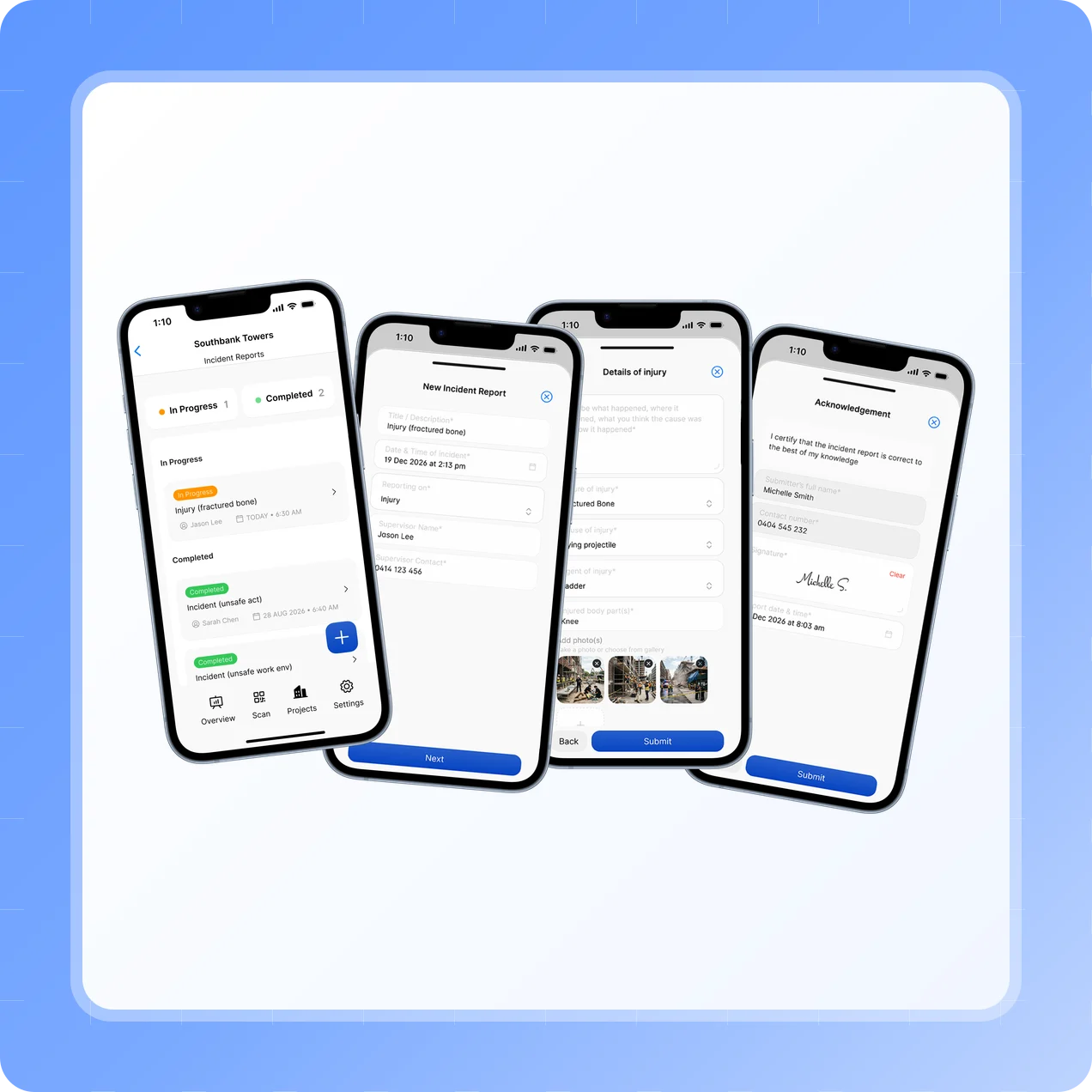 Scafflinq app screens showing an incident report list, a new injury report, injury details with photos and a signed acknowledgement