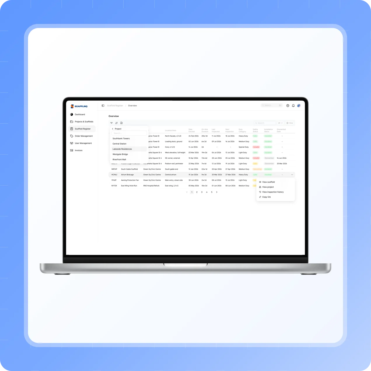 The Scafflinq scaffold register in the web portal, listing every scaffold with its status and inspection dates