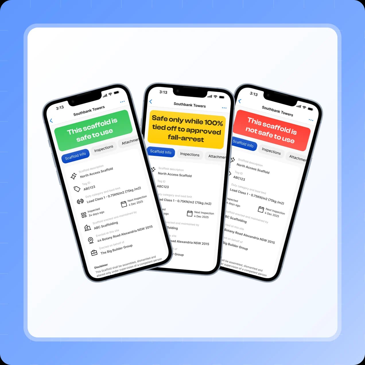 Three scaffold tag statuses in the Scafflinq app: green safe to use, yellow safe only while 100% tied off, and red not safe to use
