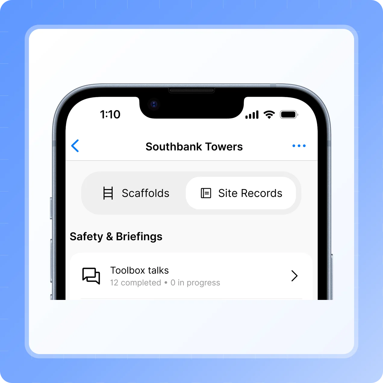 Site Records in the Scafflinq app, with toolbox talks listed under Safety & Briefings