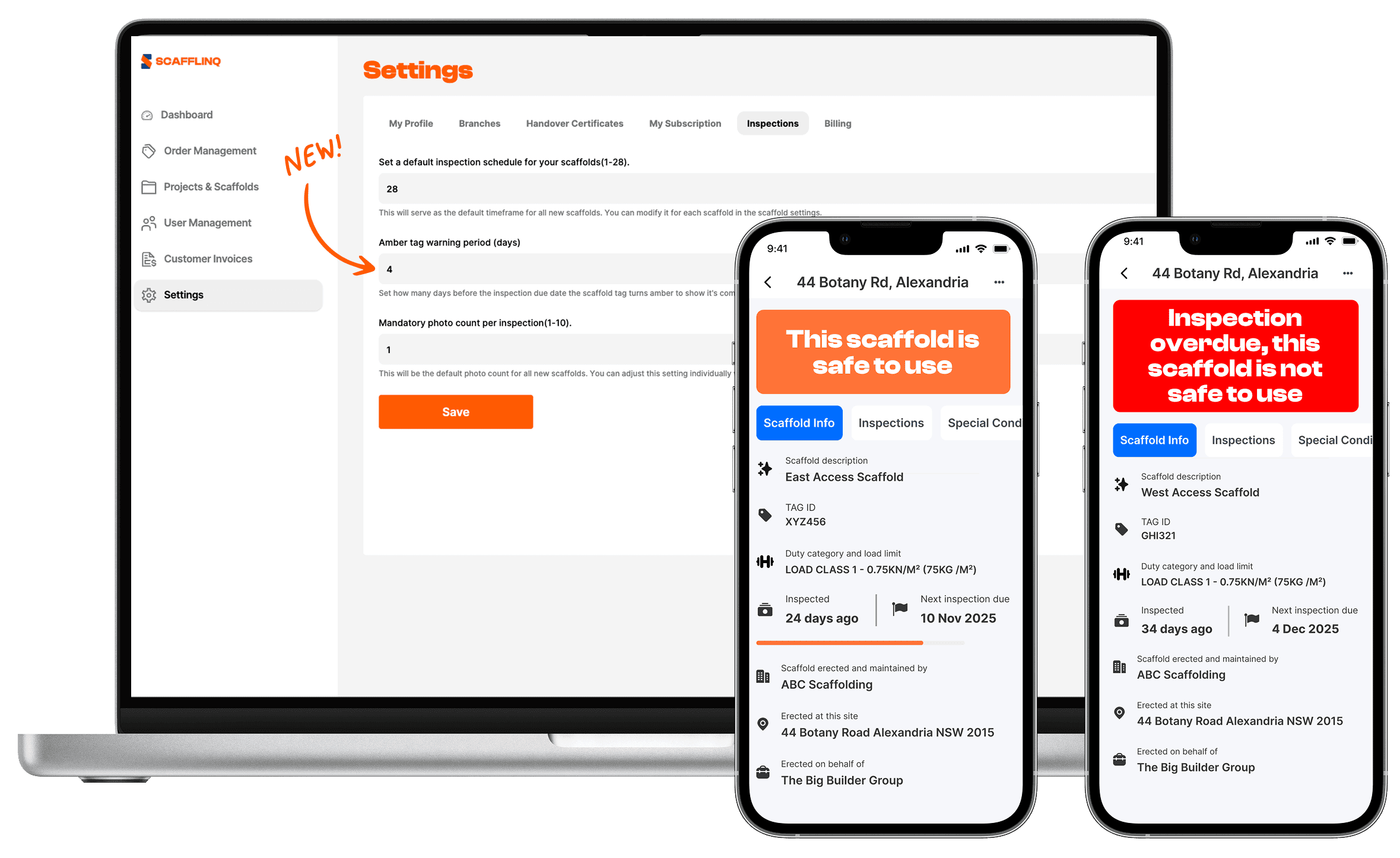 The amber tag warning period setting beside safe and overdue scaffold tag statuses