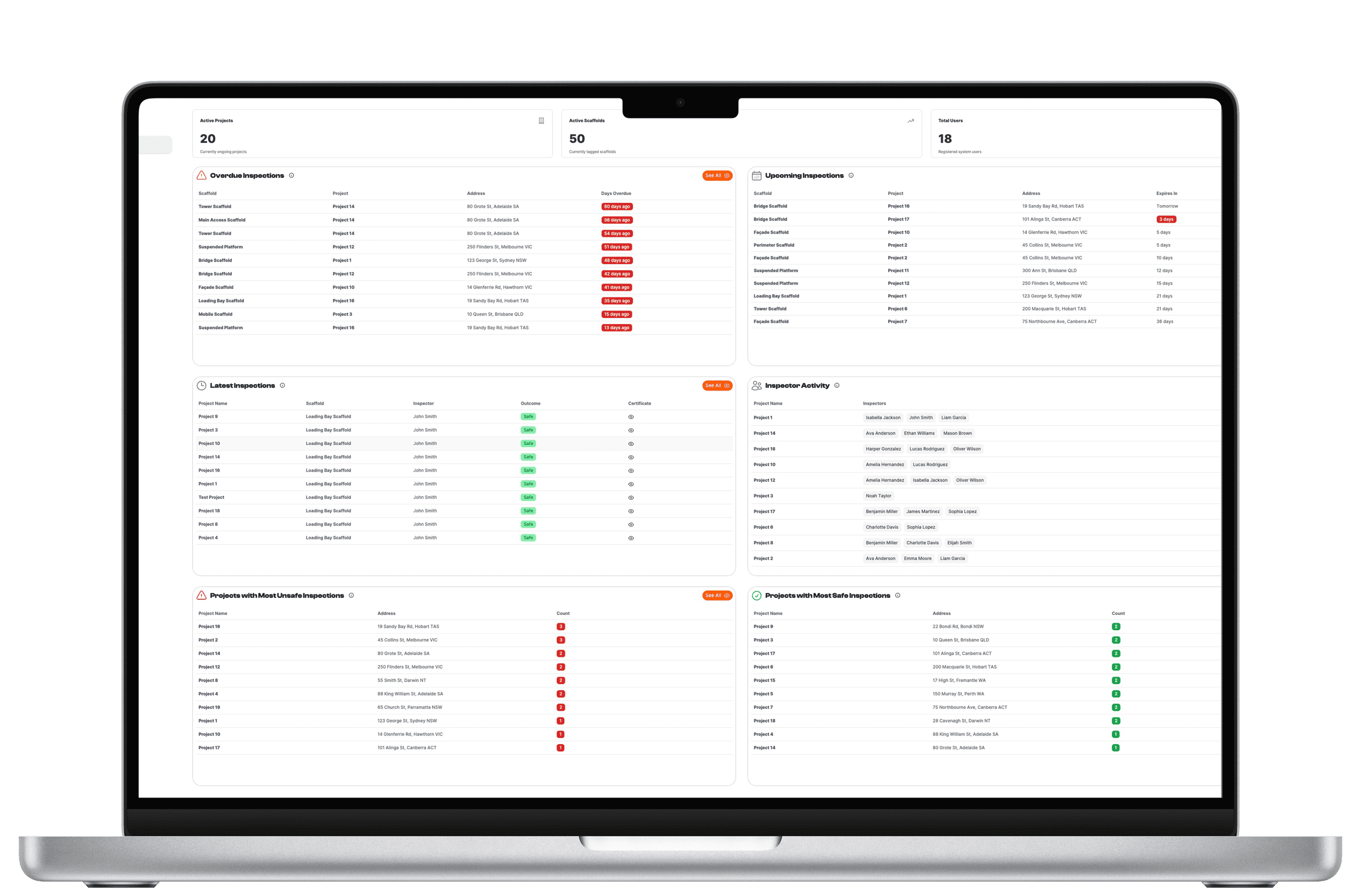 The web dashboard with overdue, upcoming and latest inspection panels
