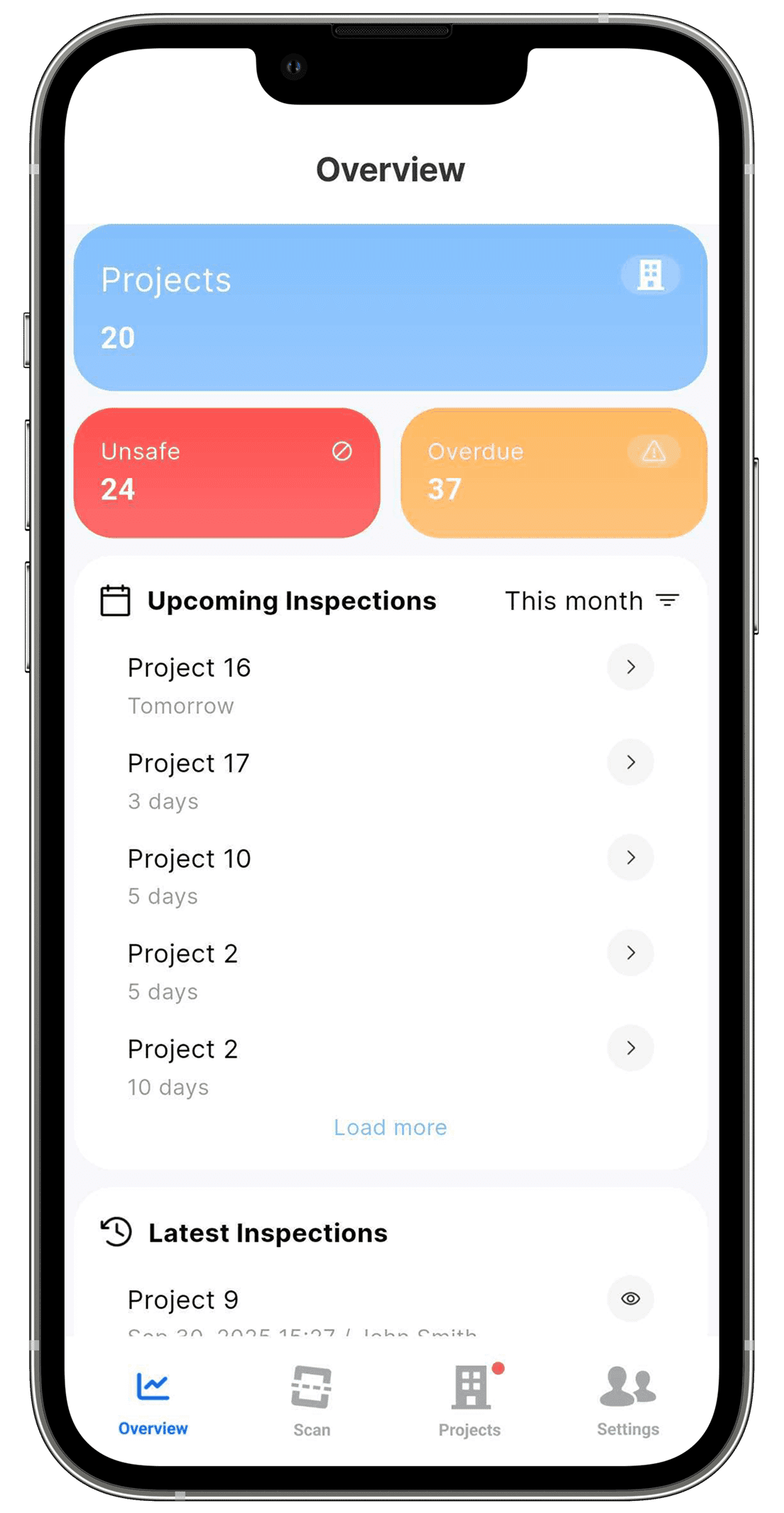 The mobile Overview screen with unsafe, overdue and upcoming inspection counts