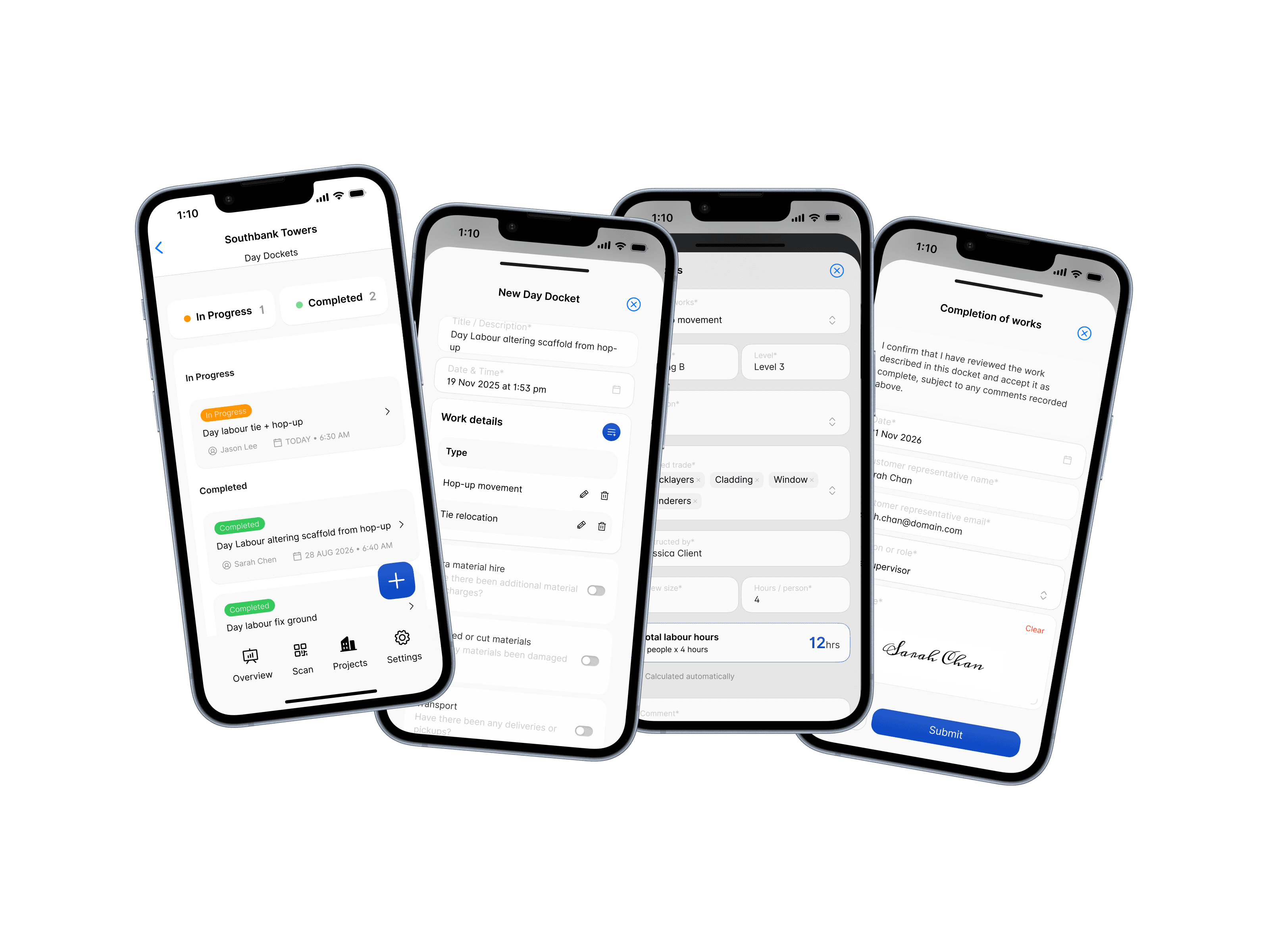 The Day Dockets list, a new day docket, adding works, and the customer sign-off on the Scafflinq mobile app