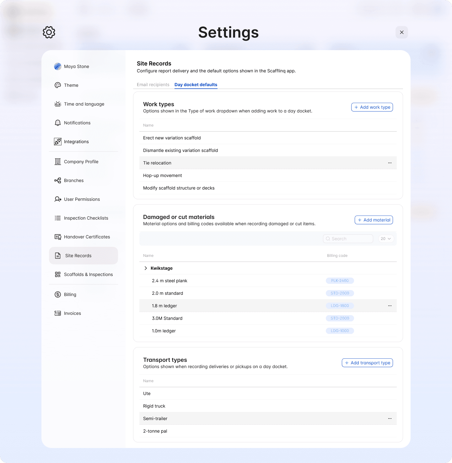 The Day docket defaults tab under Settings, Site Records in the Scafflinq web portal