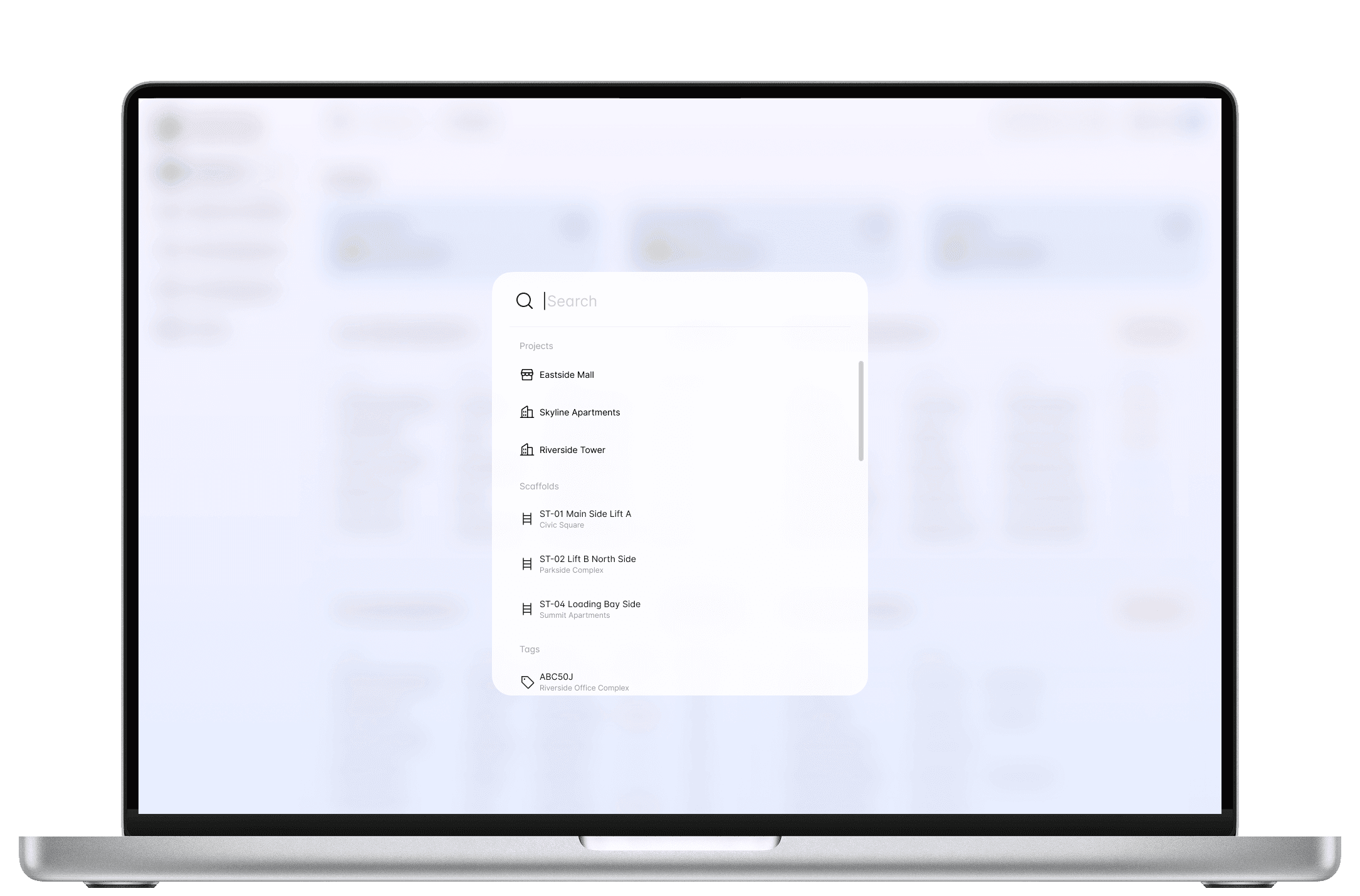 The global search bar finding projects, scaffolds and inspections in the portal