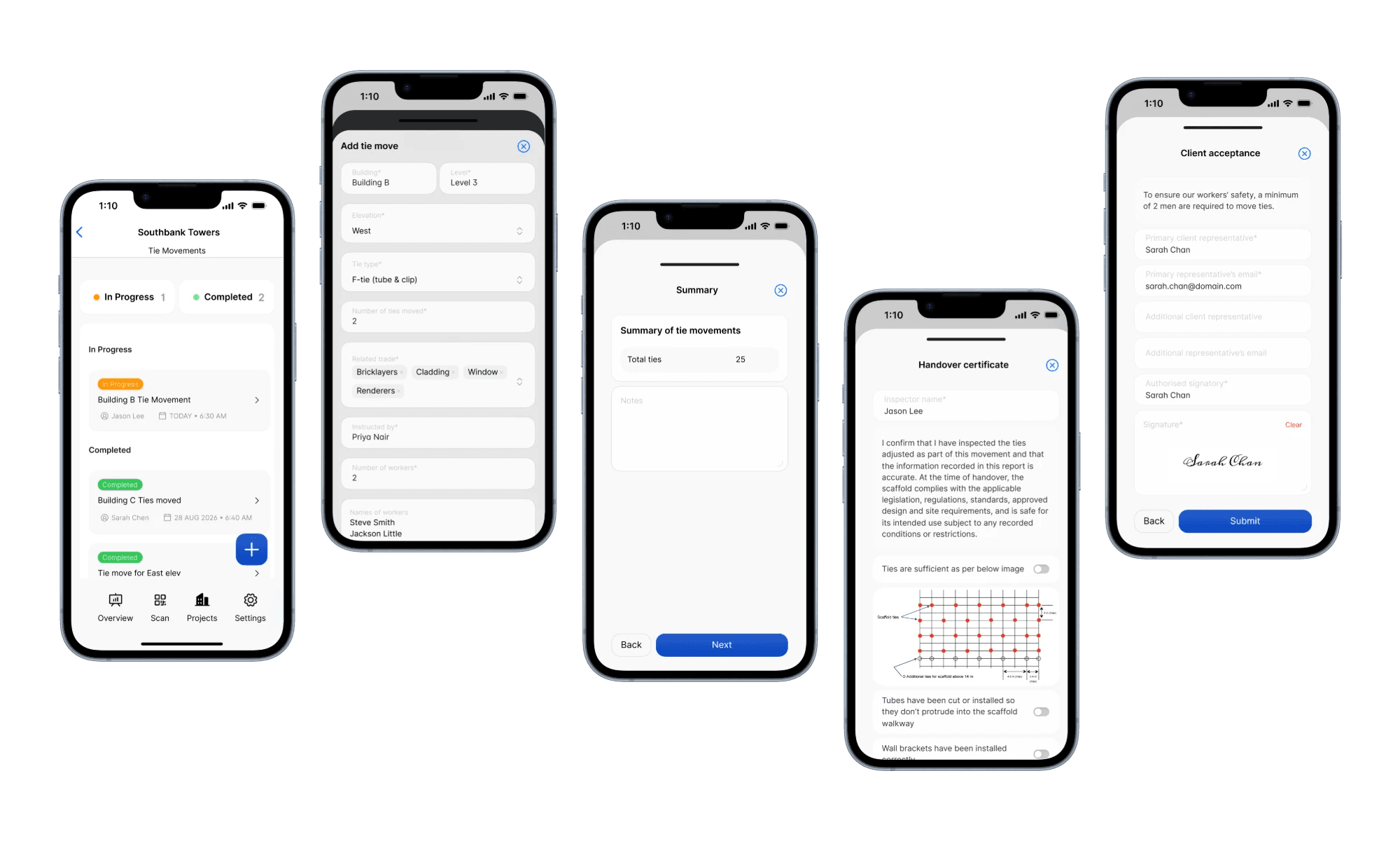 The Tie Movements list, adding a tie move, the summary, the handover certificate with the tie layout diagram, and client acceptance on the Scafflinq mobile app