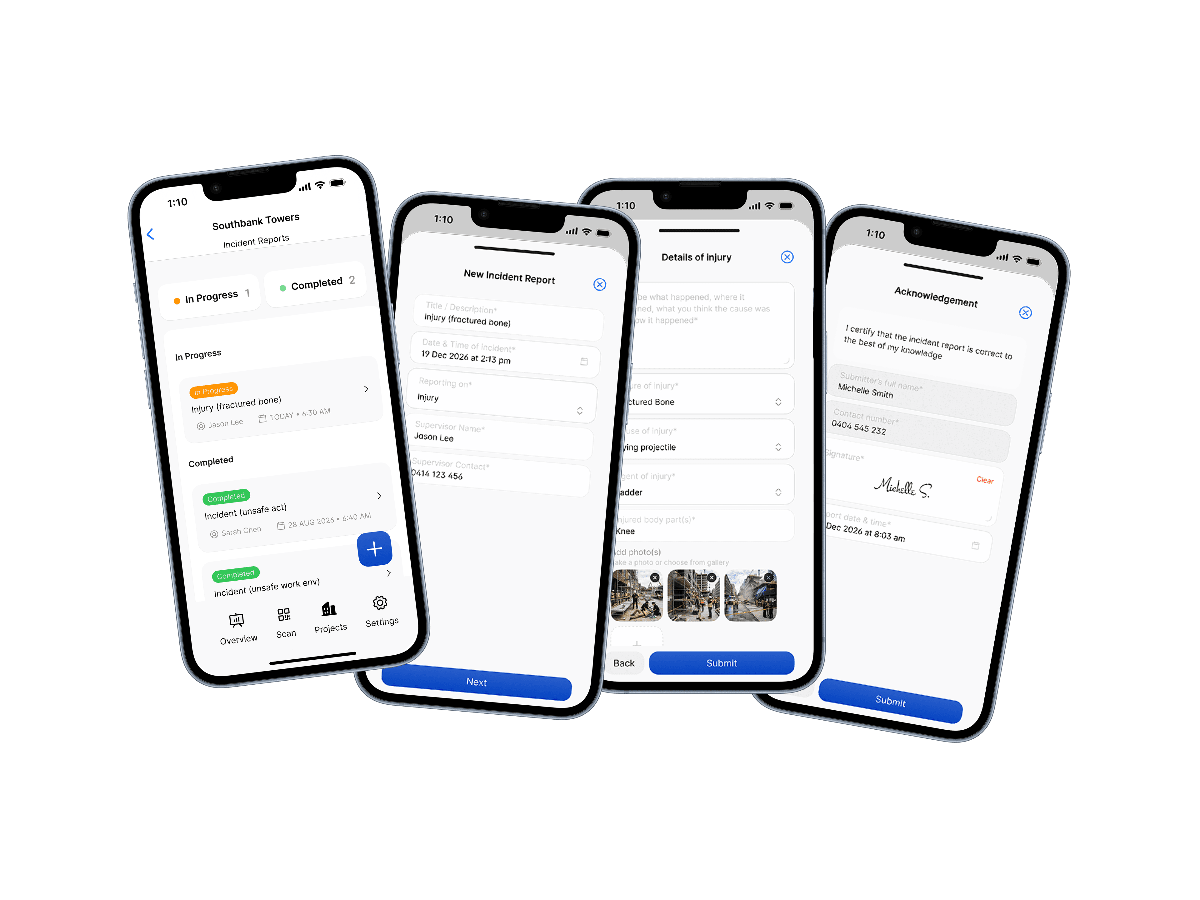 Starting an incident report, the injury details step, and the Incident Reports list on the Scafflinq mobile app