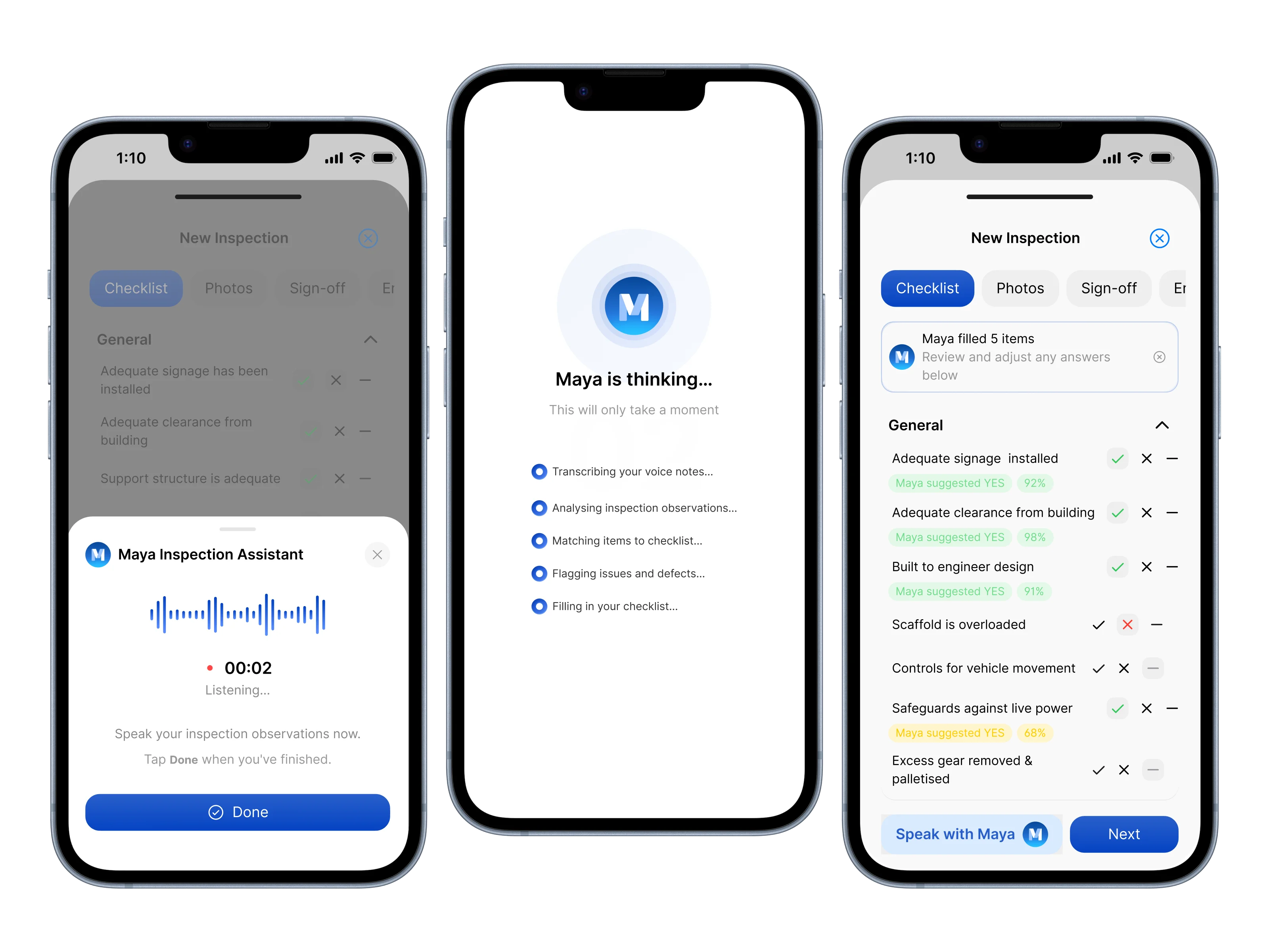 Three Scafflinq app screens: Maya listening to inspection notes, Maya thinking, and the inspection checklist with Maya's suggested answers ready to review