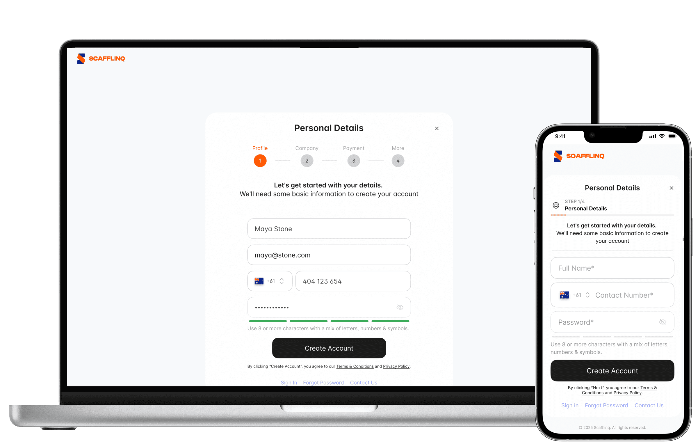The streamlined account sign-up personal details step on desktop and mobile