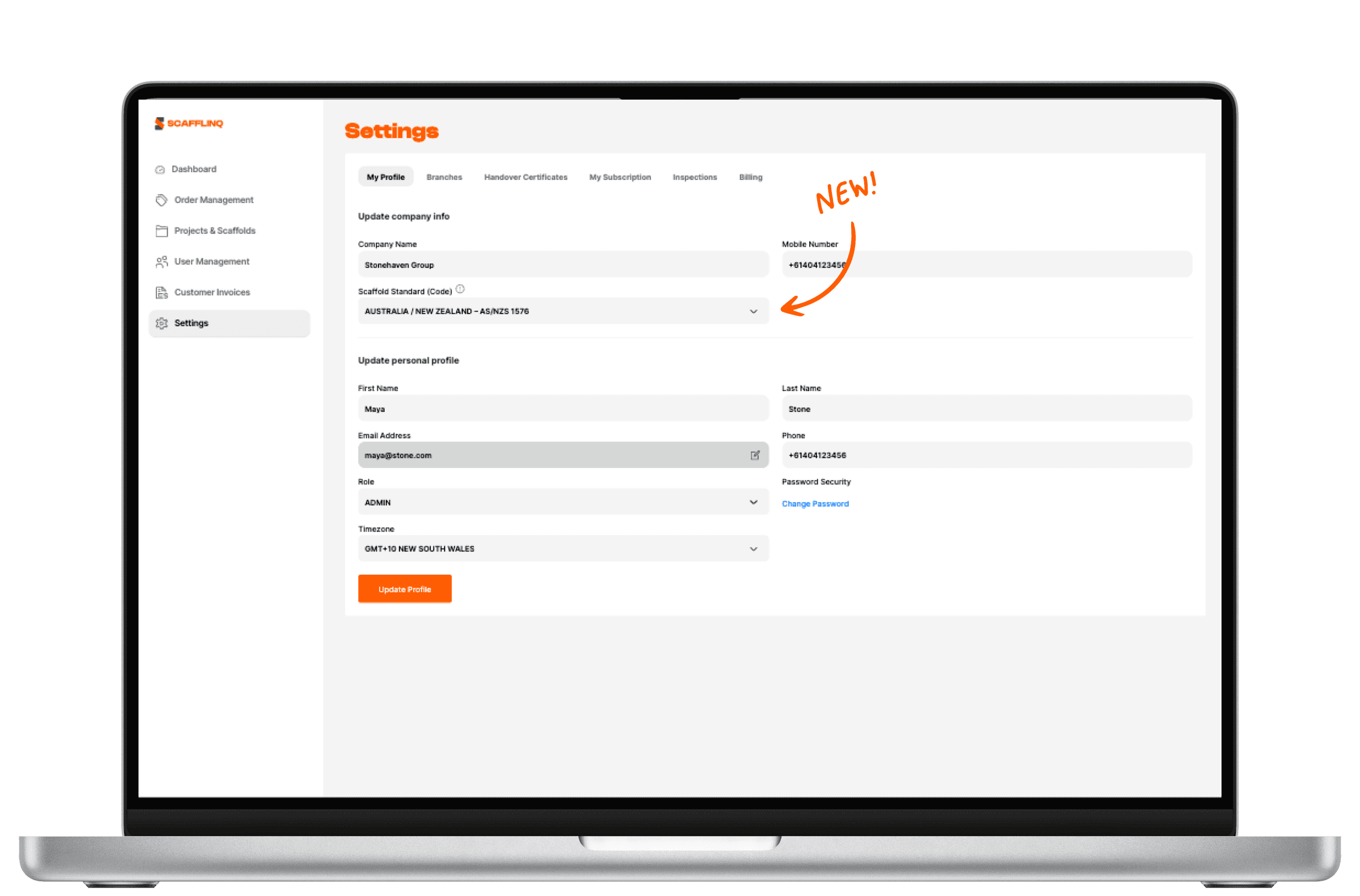 The new Scaffold Standard dropdown set to AS/NZS 1576 in company settings