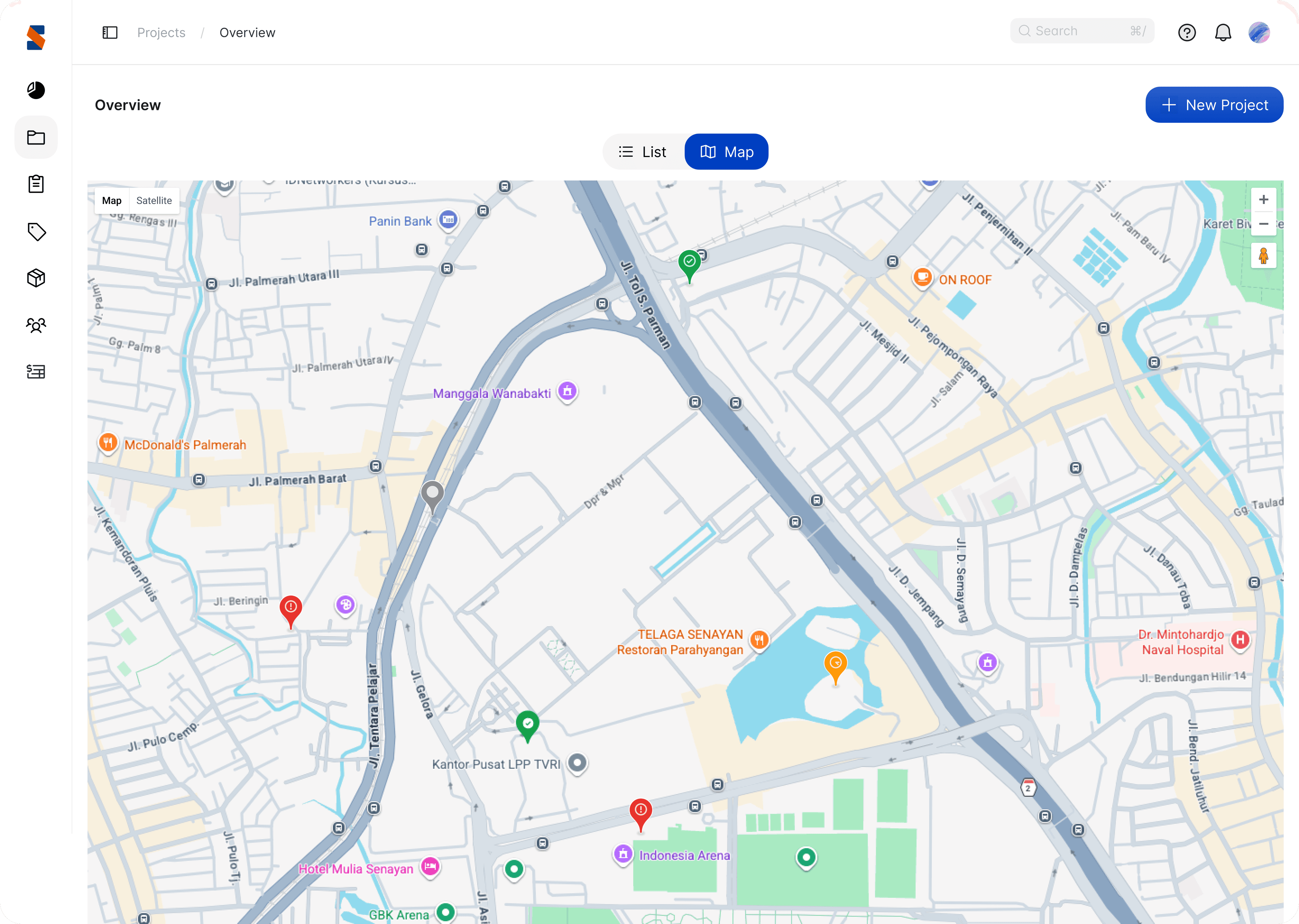 The project map view with colour-coded status pins for each project