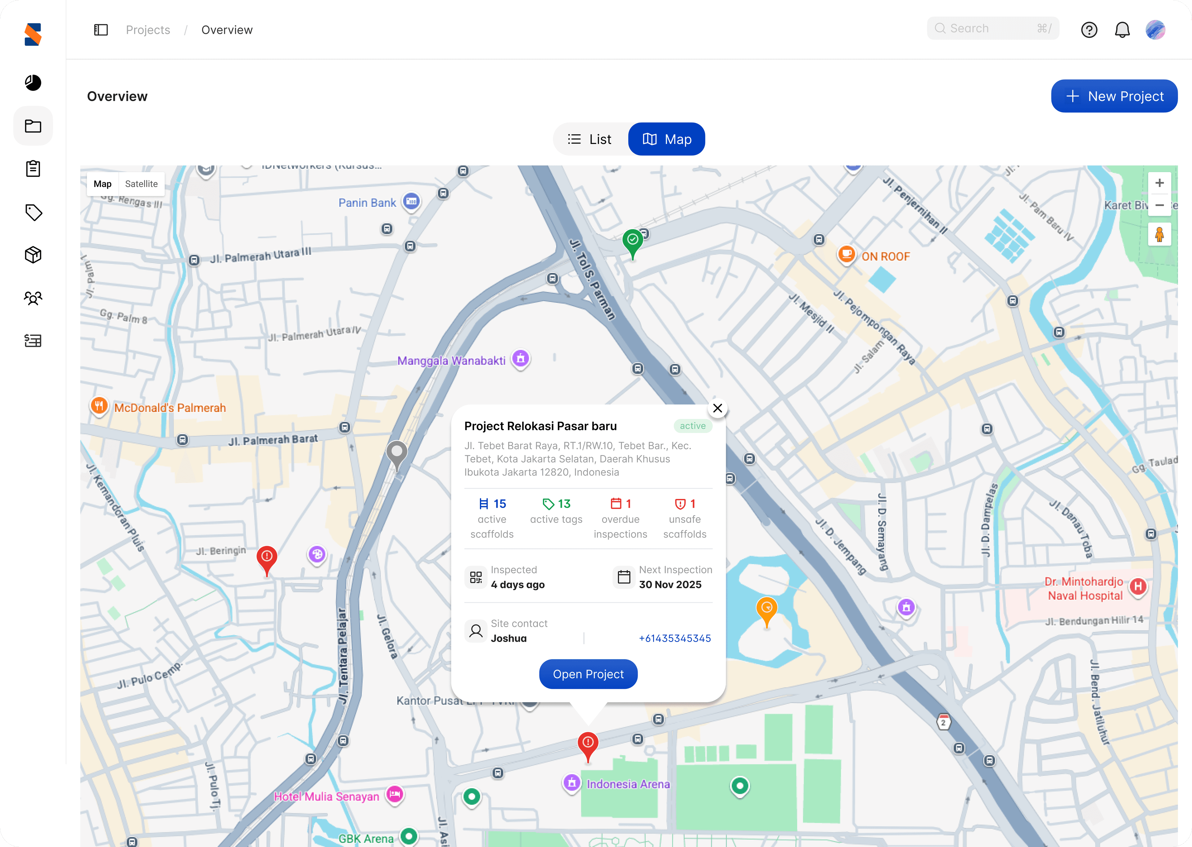 A project summary popover opened from a map pin