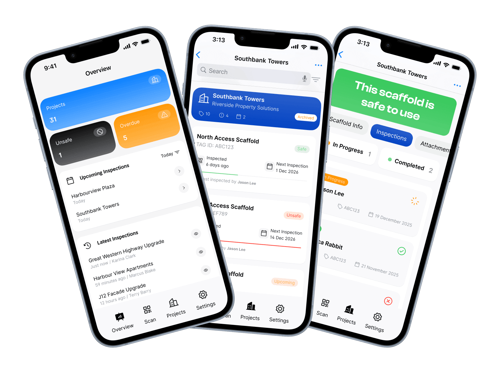 The refreshed mobile apps showing overview, scaffold list and safe status
