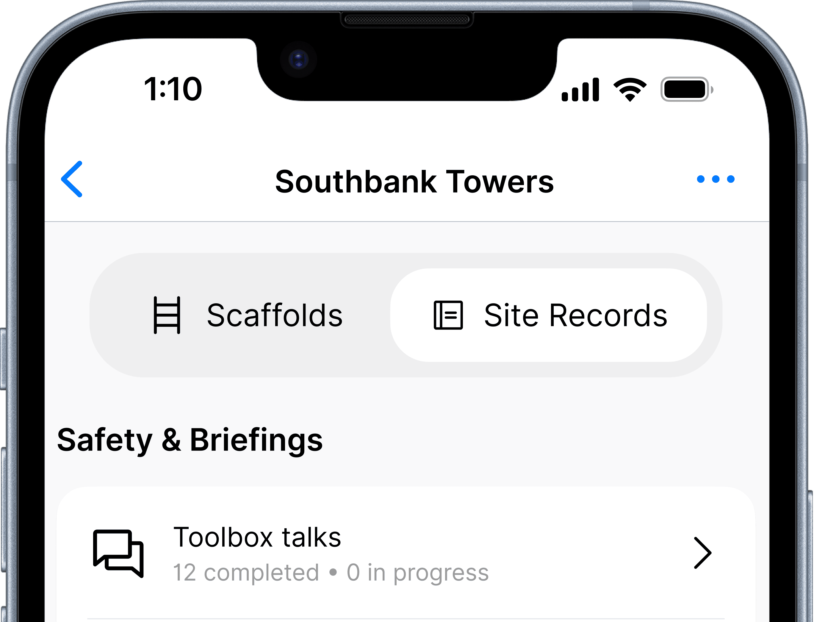 A toolbox talk being completed on the Scafflinq mobile app